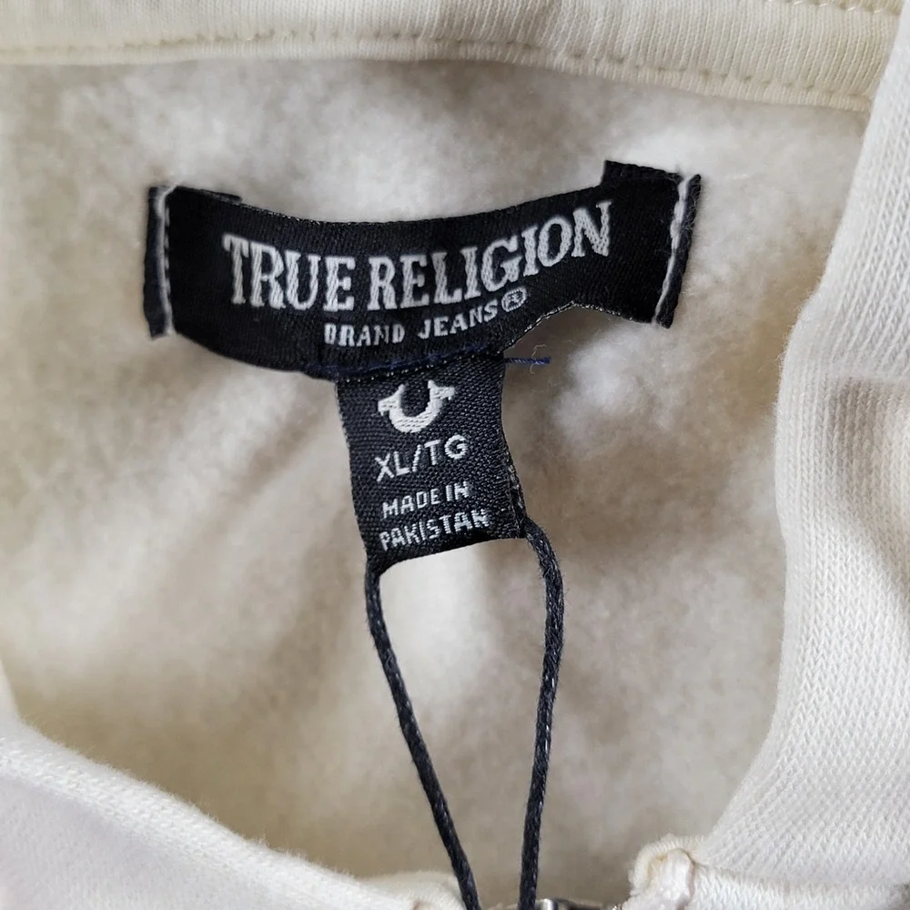 NWT True Religion Zip-Up Hoodie Mens XL Winter White Fleece Classic Logo Graphic